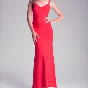 Long red body con dress